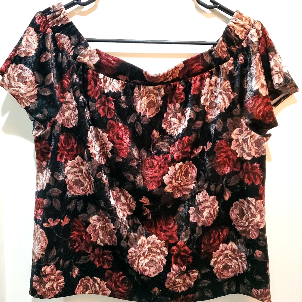 BY & BY Velvet off the Shoulder Top Black Print Rose Size S Keyhole back